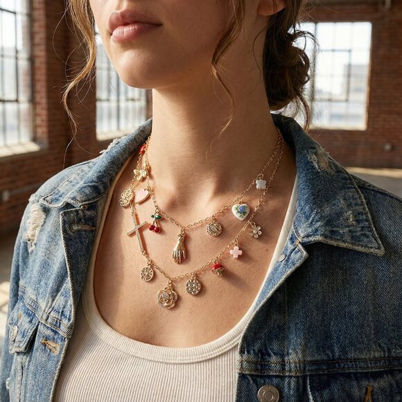 NEW Urban Outfitters Gold Dipped Multiple Good Luck Boho Style Charm Necklace - Picture 3 of 5